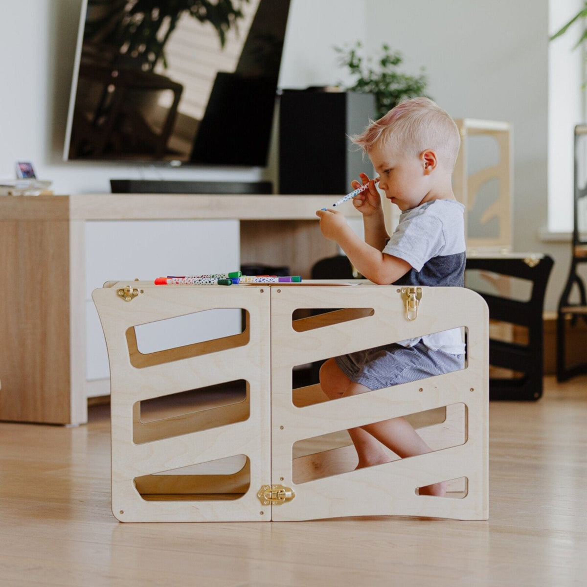 Learning Tower 3 in 1 wandelbarer Montessori Lernturm mit Rutsche oder Hocker Natur