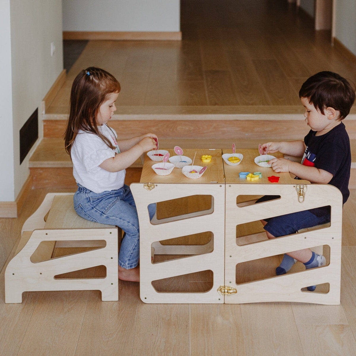 Learning Tower 3 in 1 wandelbarer Montessori Lernturm mit Rutsche oder Hocker Natur