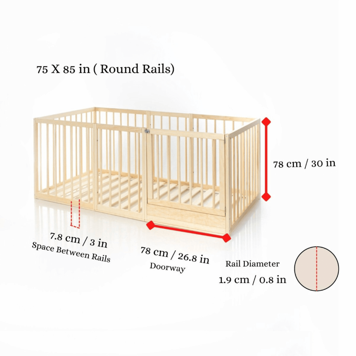 Betten und Klettergerüste Montessori-inspiriertes Holzdesign Bodenbett mit hohen Schutzgittern (mit/ohne Tür)