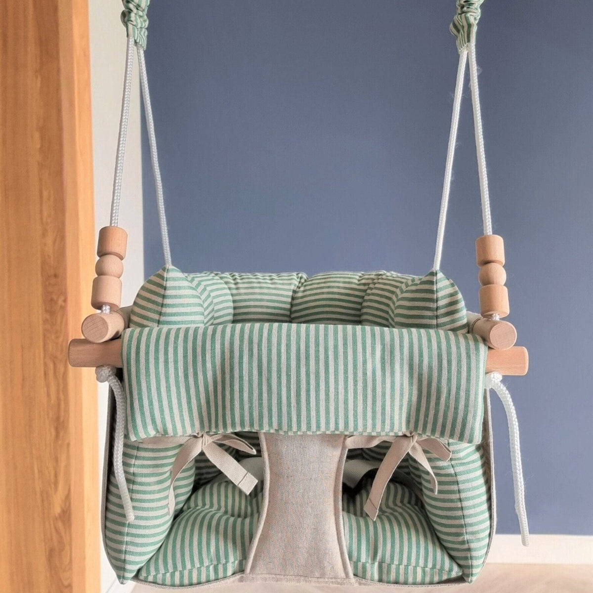 Schaukel Premium Babyschaukel Leinen Grün Gestreift