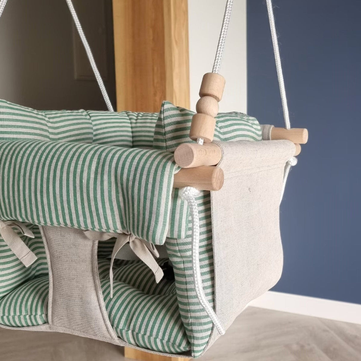 Schaukel Premium Babyschaukel Leinen Grün Gestreift