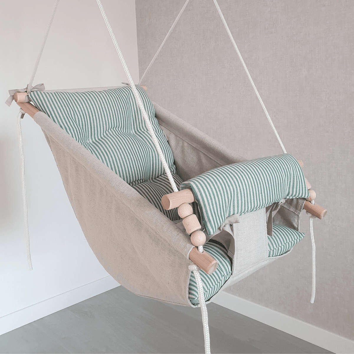 Schaukel Babyschaukel Babyliegeschaukel Leinenstoff Grün gestreift