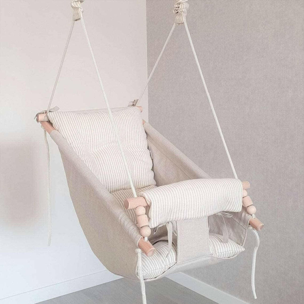Schaukel Babyschaukel Babyliegeschaukel Leinenstoff Beige gestreift