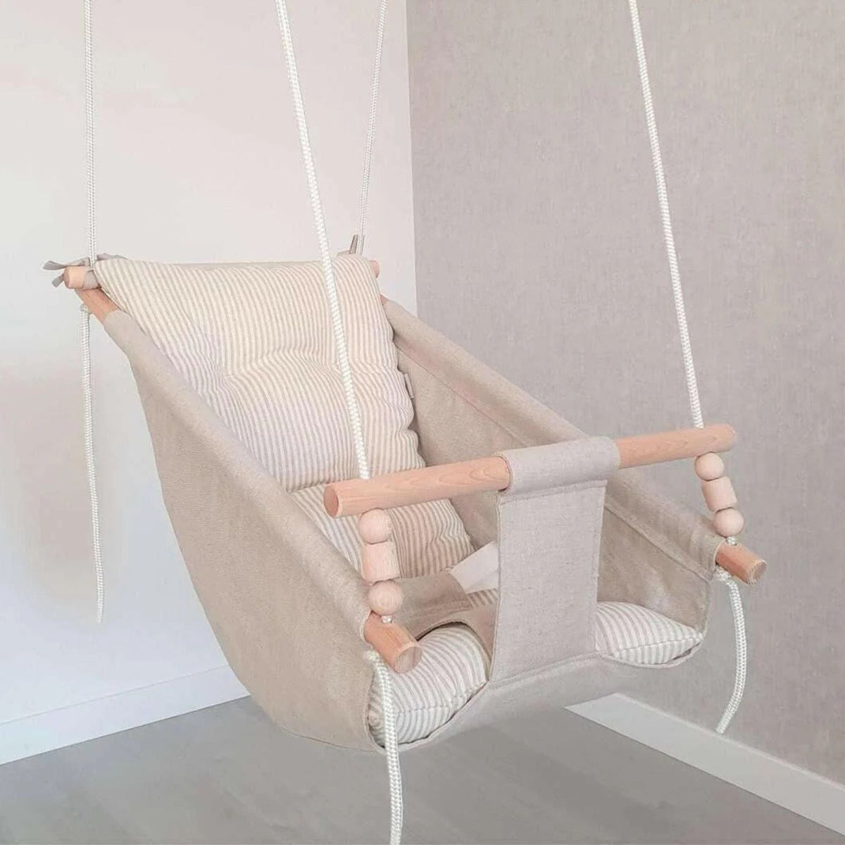 Schaukel Babyschaukel Babyliegeschaukel Leinenstoff Beige gestreift