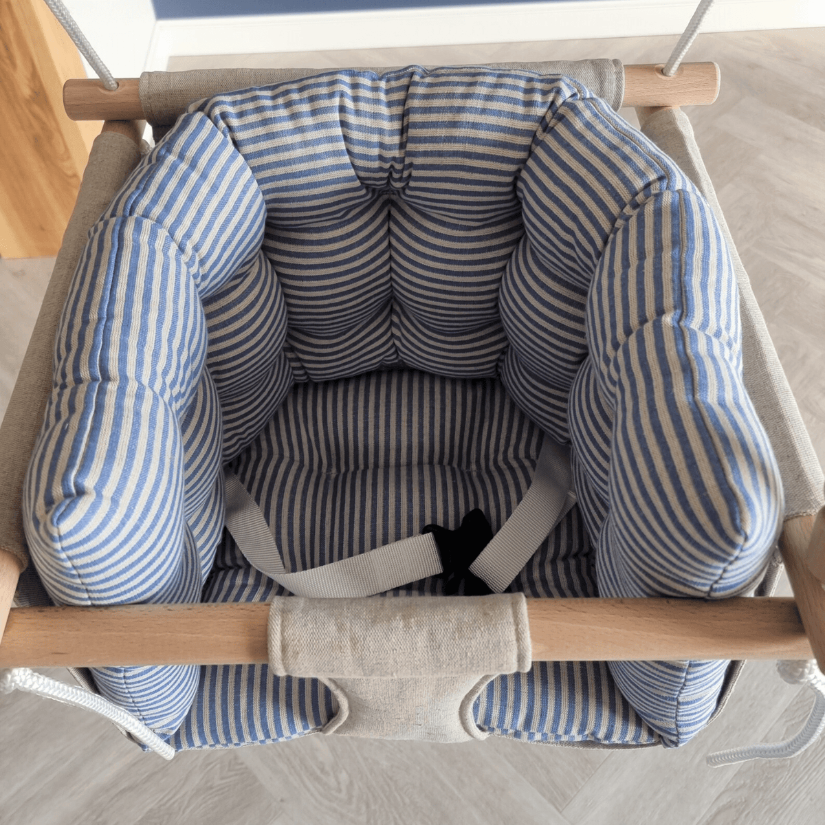 Schaukel Premium Babyschaukel Leinenkissen Blau Gestreift