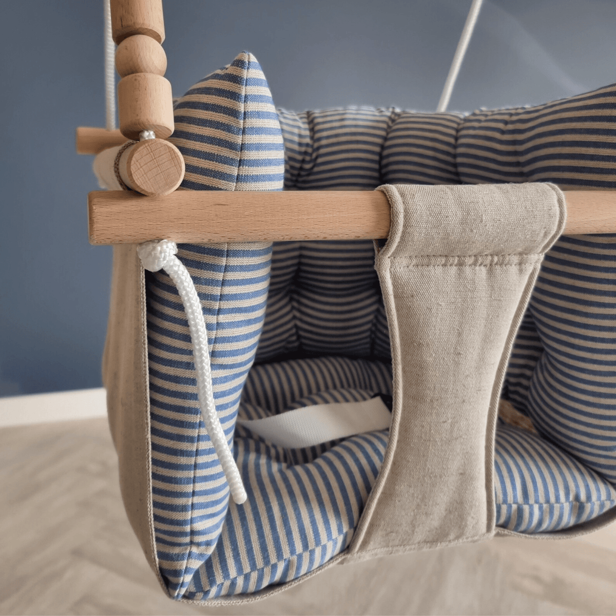 Schaukel Premium Babyschaukel Leinenkissen Blau Gestreift