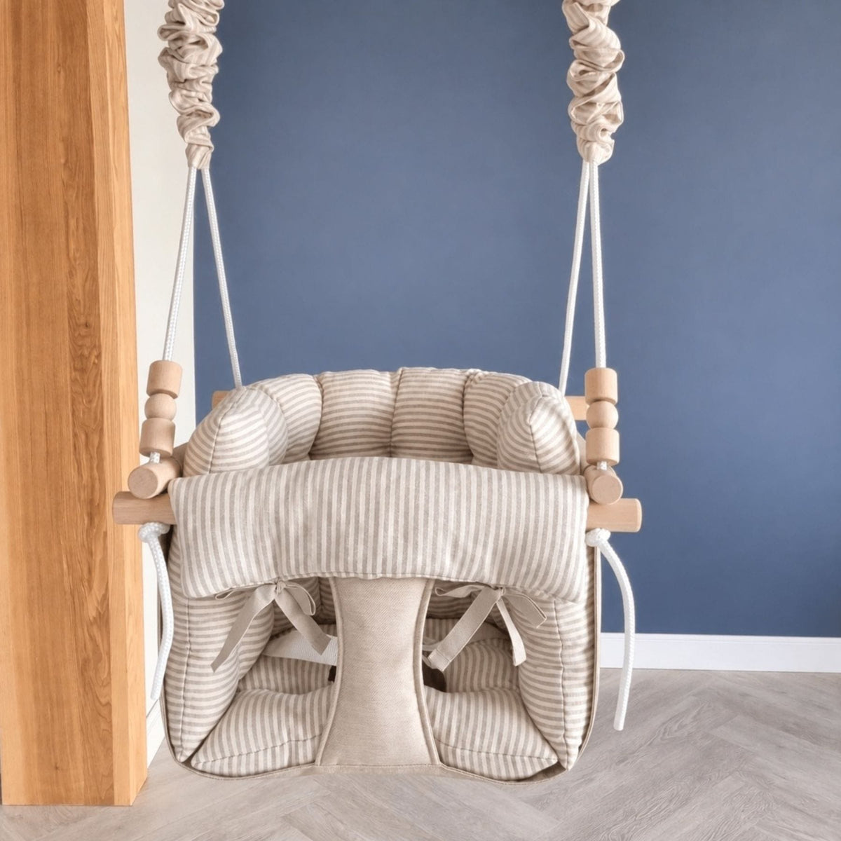Schaukel Premium Babyschaukel Leinenkissen Beige Gestreift