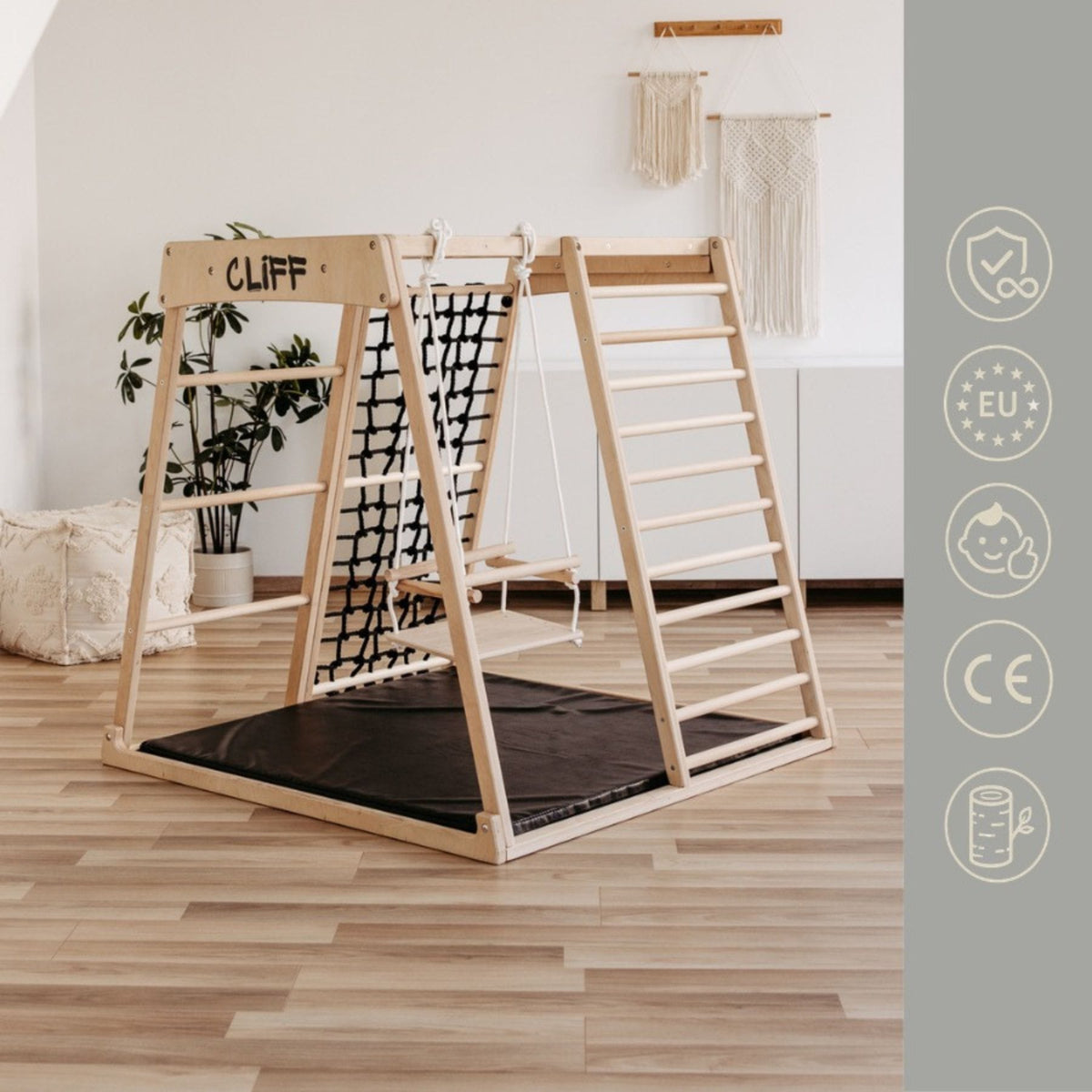 Klettergerüst CLIFF Pro Klettergerüst indoor aus Holz mit Matte, 5 Spielpositionen
