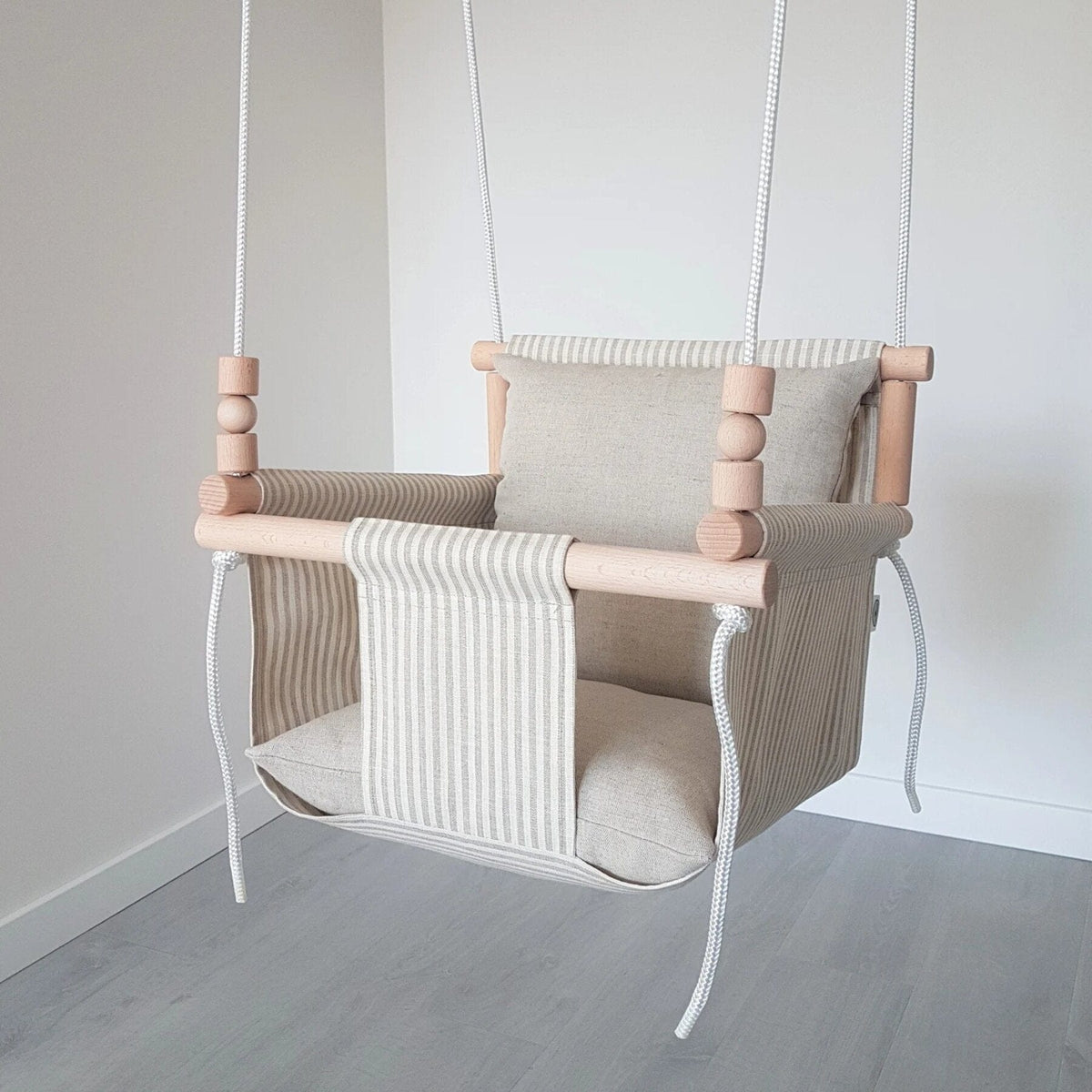 Schaukel Babyschaukel mit hoher Rückenlehne Leinen Beige-Gestreift