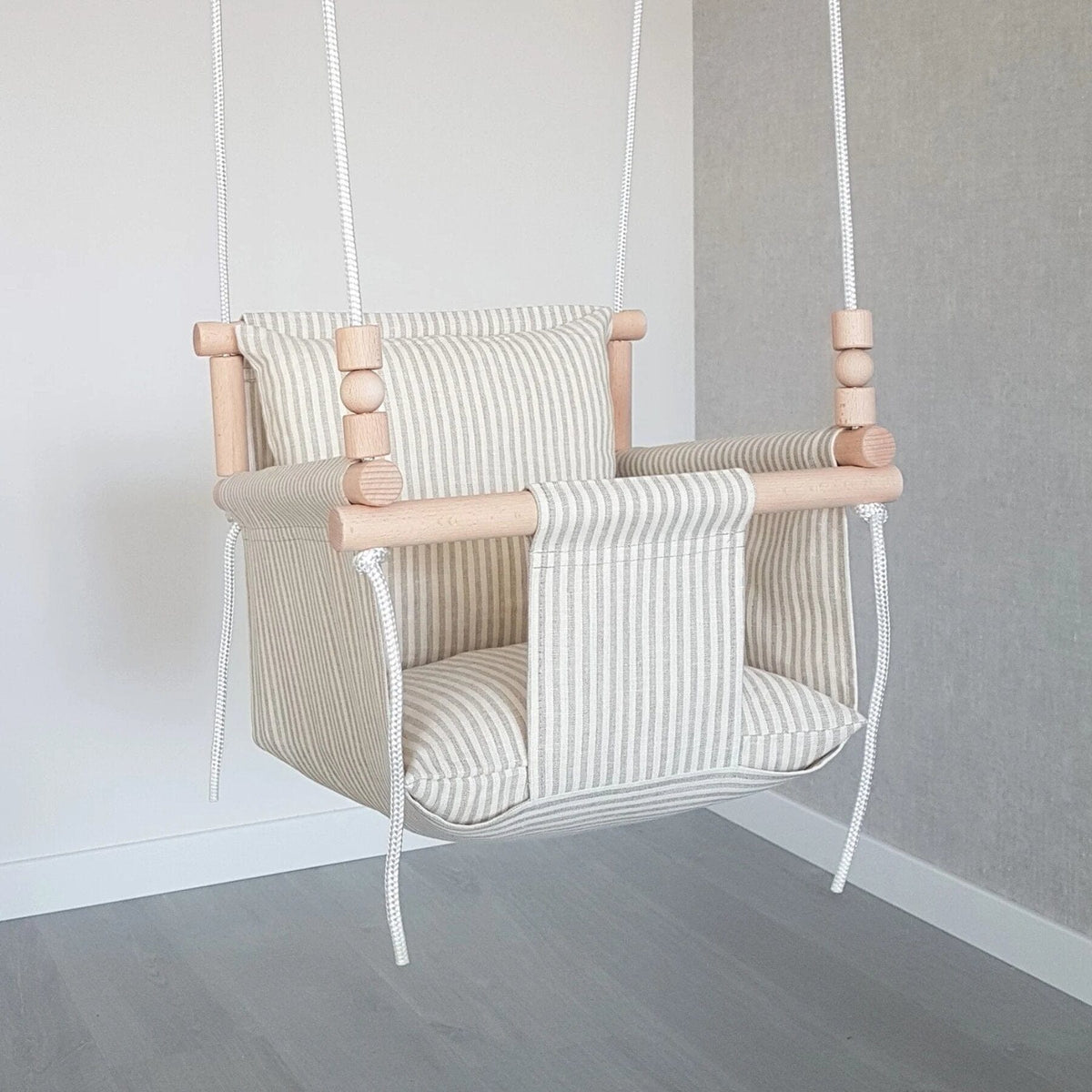 Schaukel Babyschaukel mit hoher Rückenlehne Leinen Beige-Gestreift