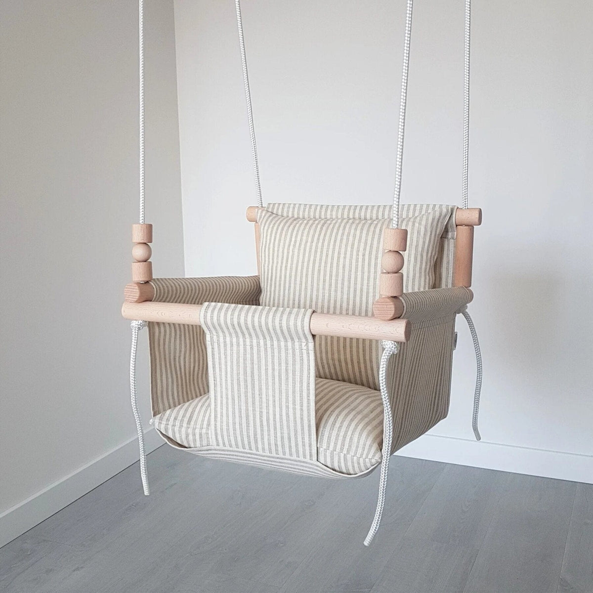 Schaukel Babyschaukel mit hoher Rückenlehne Leinen Beige-Gestreift