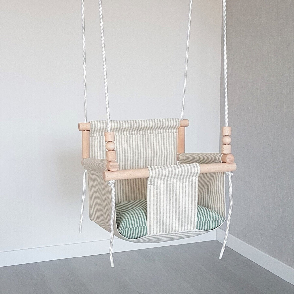 Schaukel Babyschaukel mit hoher Rückenlehne Leinen Beige-Gestreift