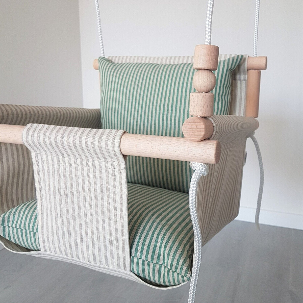 Schaukel Babyschaukel mit hoher Rückenlehne Leinen Beige-Gestreift