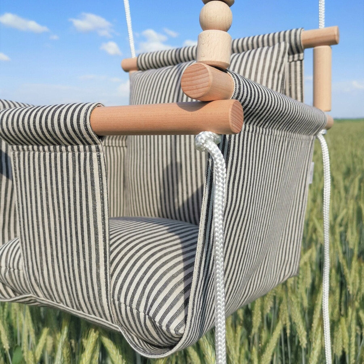 Schaukel Babyschaukel mit hoher Rückenlehne Leinen Beige-Schwarz-Gestreift