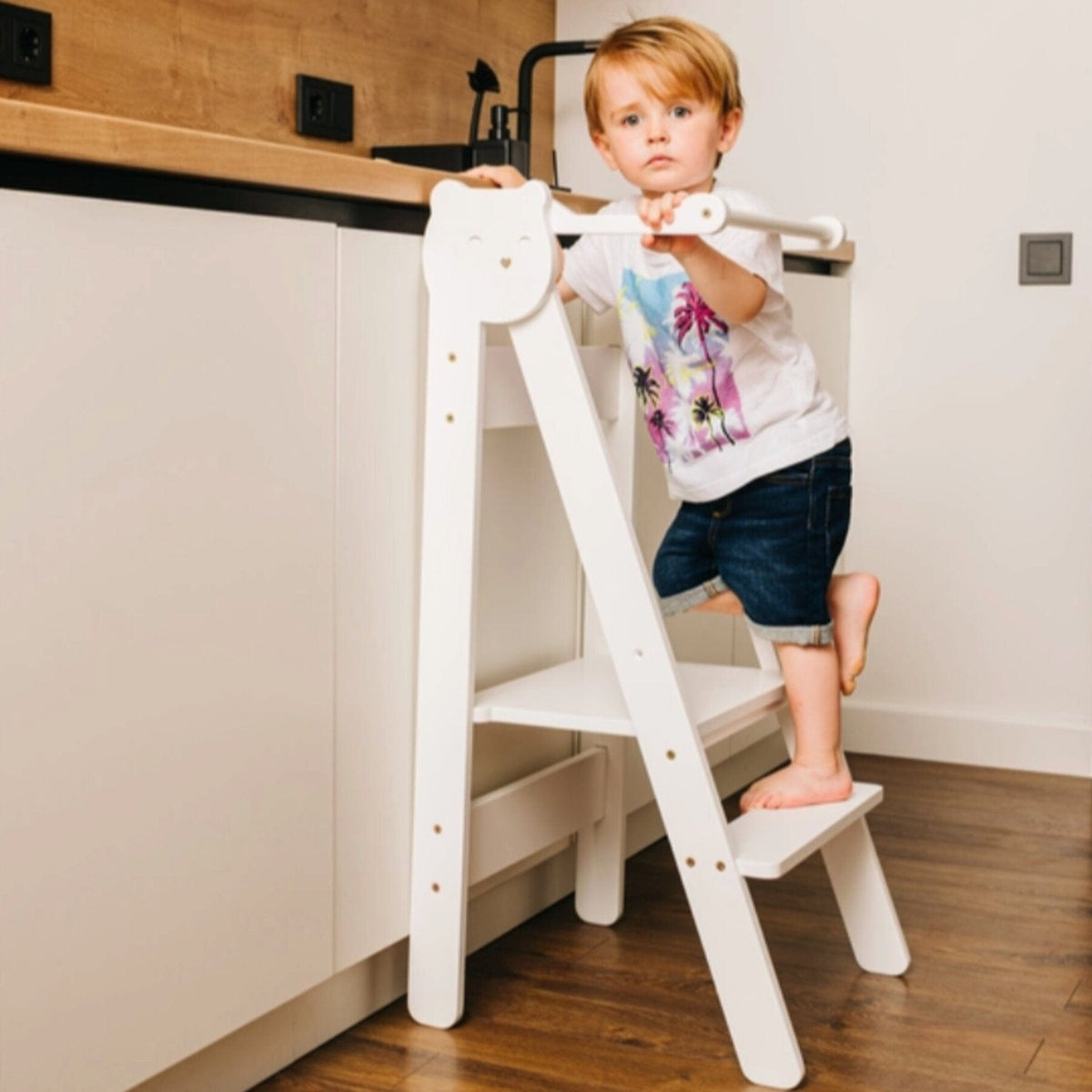 Learning Tower Klappbarer Lernturm Platzsparend Höhenverstellbar – Montessori Learning Tower ab 18 Monaten