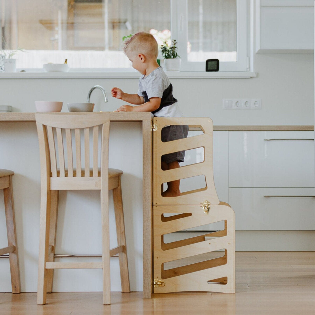 Learning Tower 3 in 1 wandelbarer Montessori Lernturm mit Rutsche oder Hocker Natur