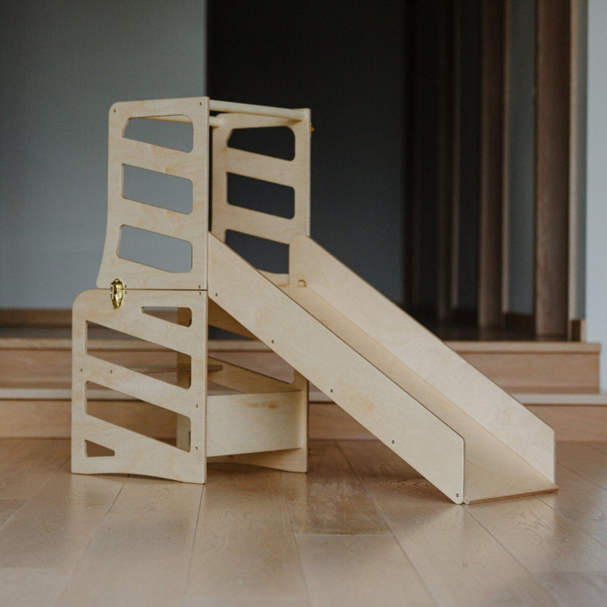 Learning Tower 3 in 1 wandelbarer Montessori Lernturm mit Rutsche oder Hocker Natur