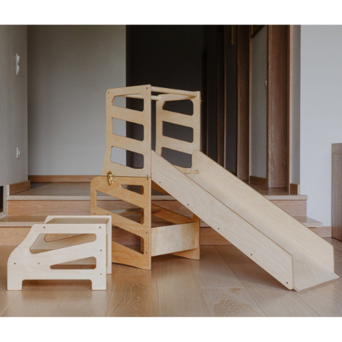 Learning Tower 3 in 1 wandelbarer Montessori Lernturm mit Rutsche oder Hocker Natur