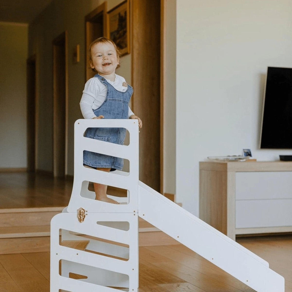 Learning Tower 3in1 wandelbarer Montessori Lernturm mit Rutsche oder Hocker - Stripe Design