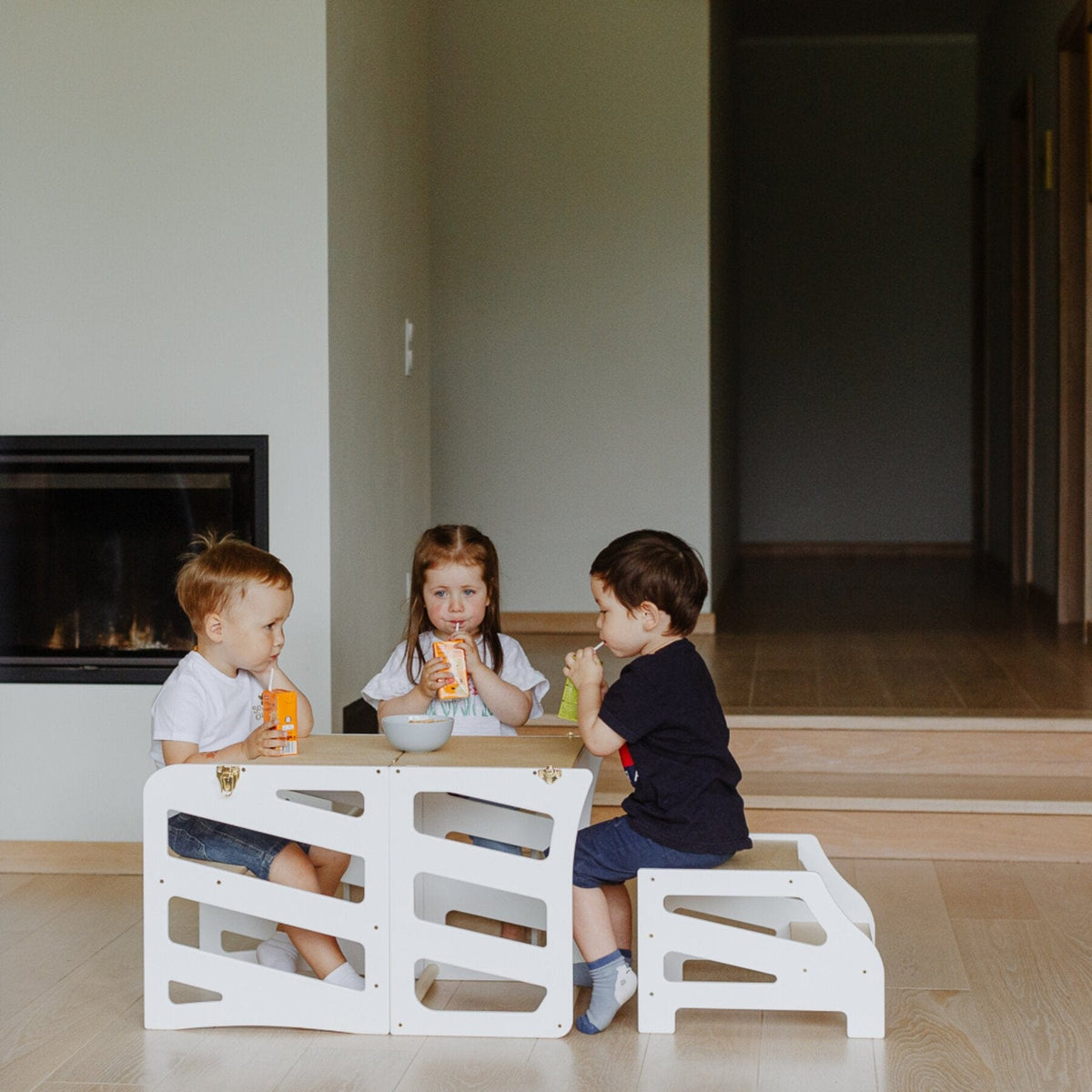 Learning Tower 3in1 wandelbarer Montessori Lernturm mit Rutsche oder Hocker - Stripe Design