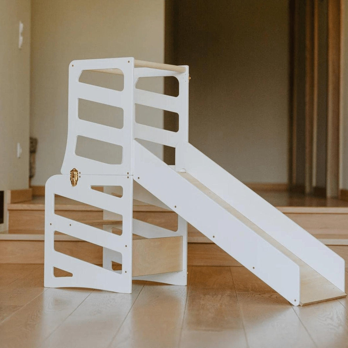 Learning Tower 3in1 wandelbarer Montessori Lernturm mit Rutsche oder Hocker - Stripe Design