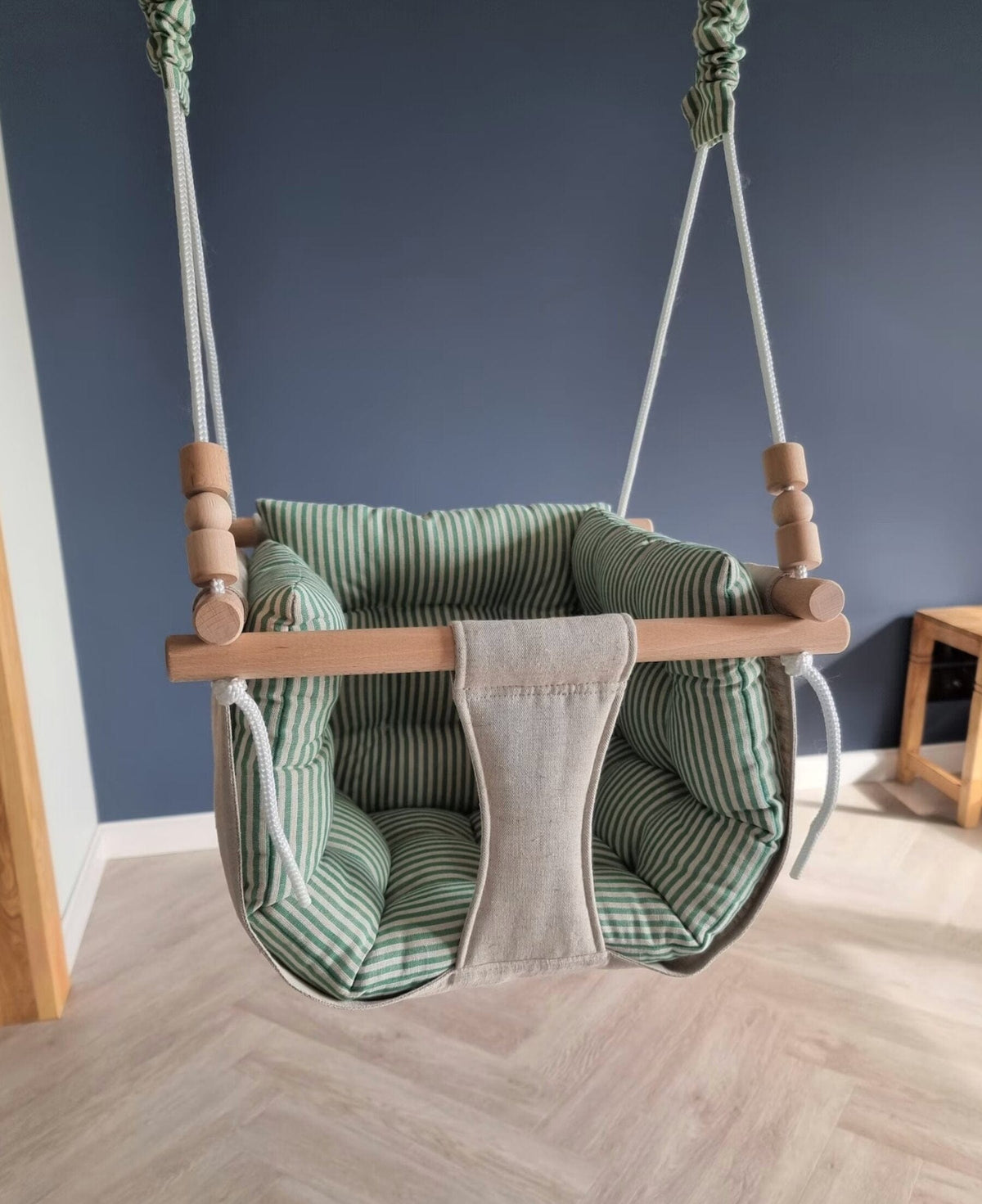 Schaukel Premium Babyschaukel Leinen Grün Gestreift