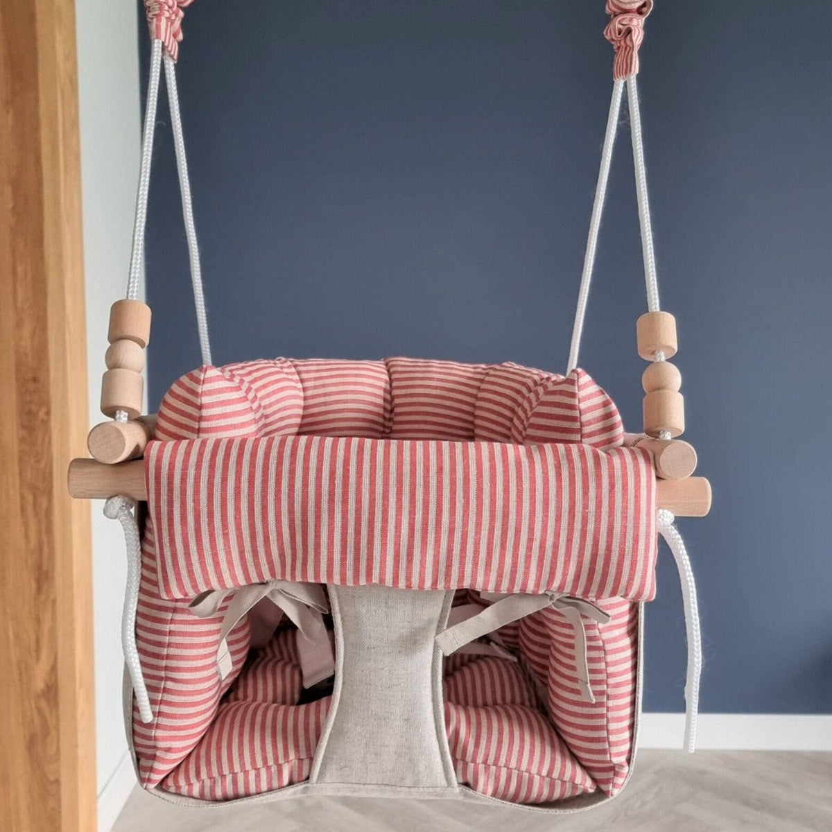 Schaukel Premium Babyschaukel Leinen Rot Gestreift