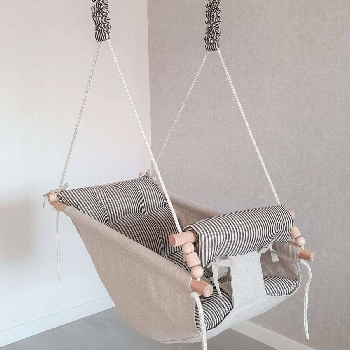 Schaukel Babyschaukel Babyliegeschaukel Leinen Beige-Schwarz Gestreifen