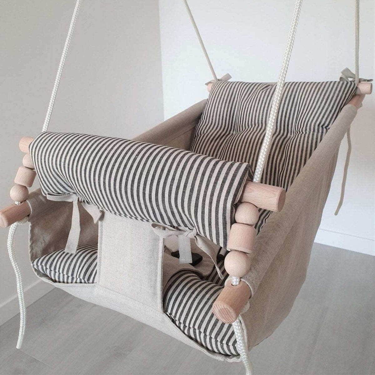 Schaukel Babyschaukel Babyliegeschaukel Leinen Beige-Schwarz Gestreifen