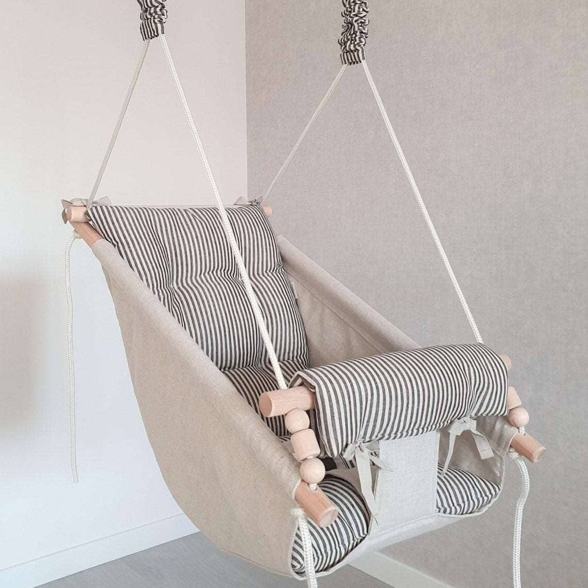 Schaukel Babyschaukel Babyliegeschaukel Leinen Beige-Schwarz Gestreifen
