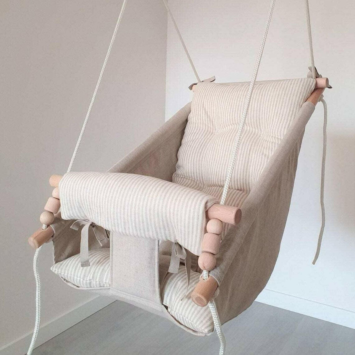 Schaukel Babyschaukel Babyliegeschaukel Leinenstoff Beige gestreift