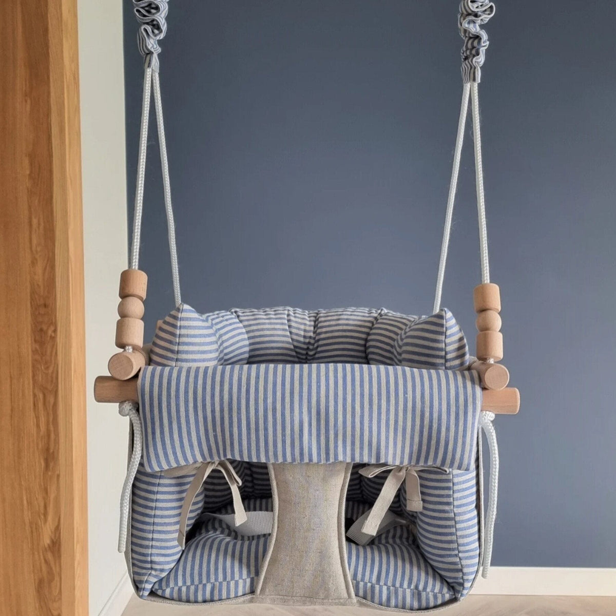 Schaukel Premium Babyschaukel Leinenkissen Blau Gestreift