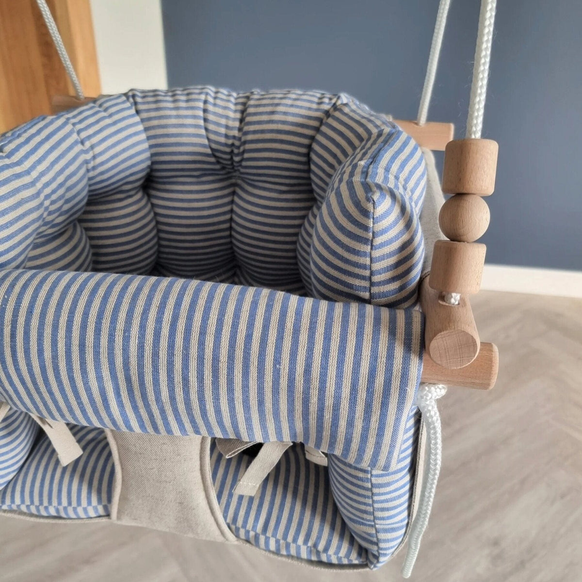 Schaukel Premium Babyschaukel Leinenkissen Blau Gestreift