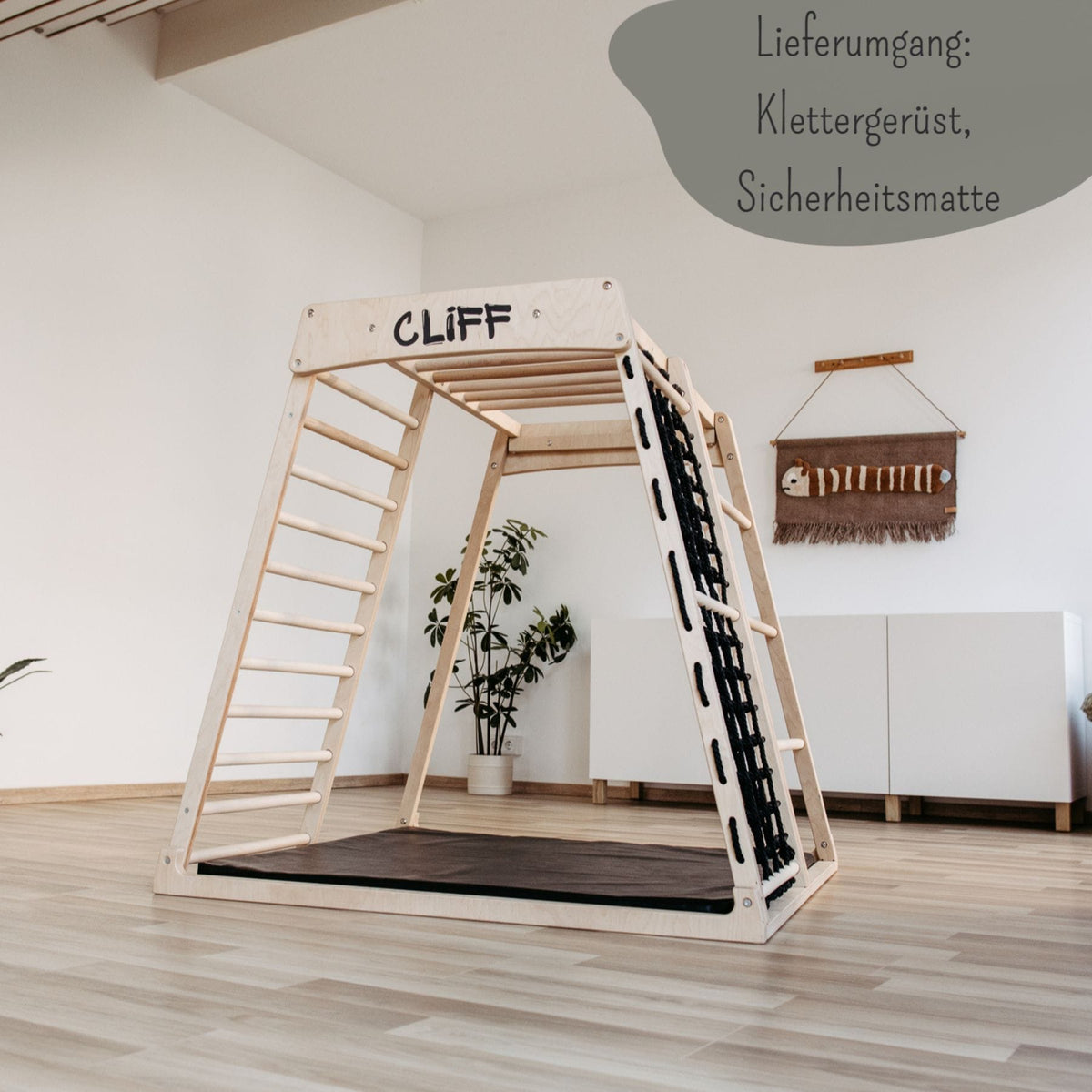 Klettergerüst CLIFF Pro Klettergerüst indoor aus Holz mit Matte, 5 Spielpositionen