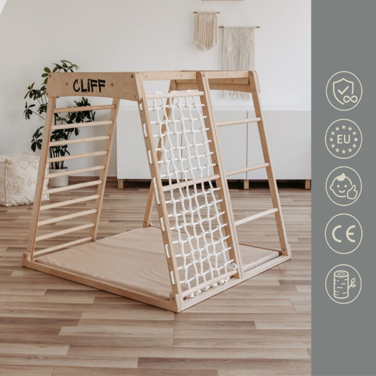 Klettergerüst CLIFF Pro Klettergerüst indoor aus Holz mit Matte, 5 Spielpositionen