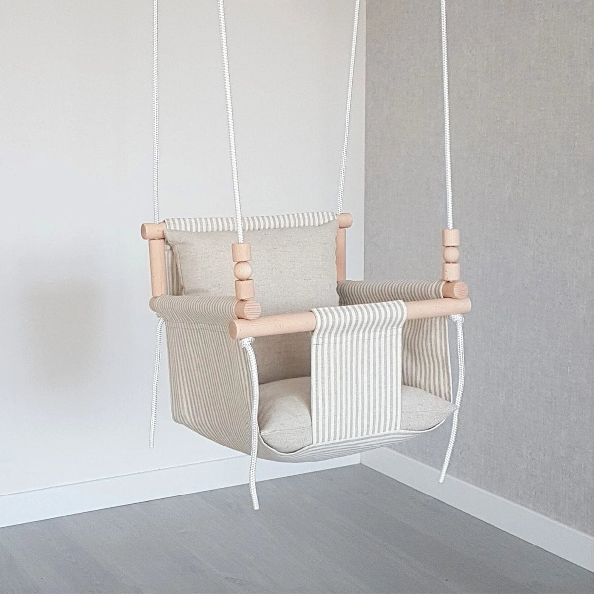Schaukel Babyschaukel mit hoher Rückenlehne Leinen Beige-Gestreift