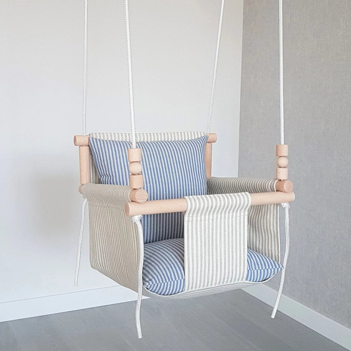 Schaukel Babyschaukel mit hoher Rückenlehne Leinen Beige-Gestreift
