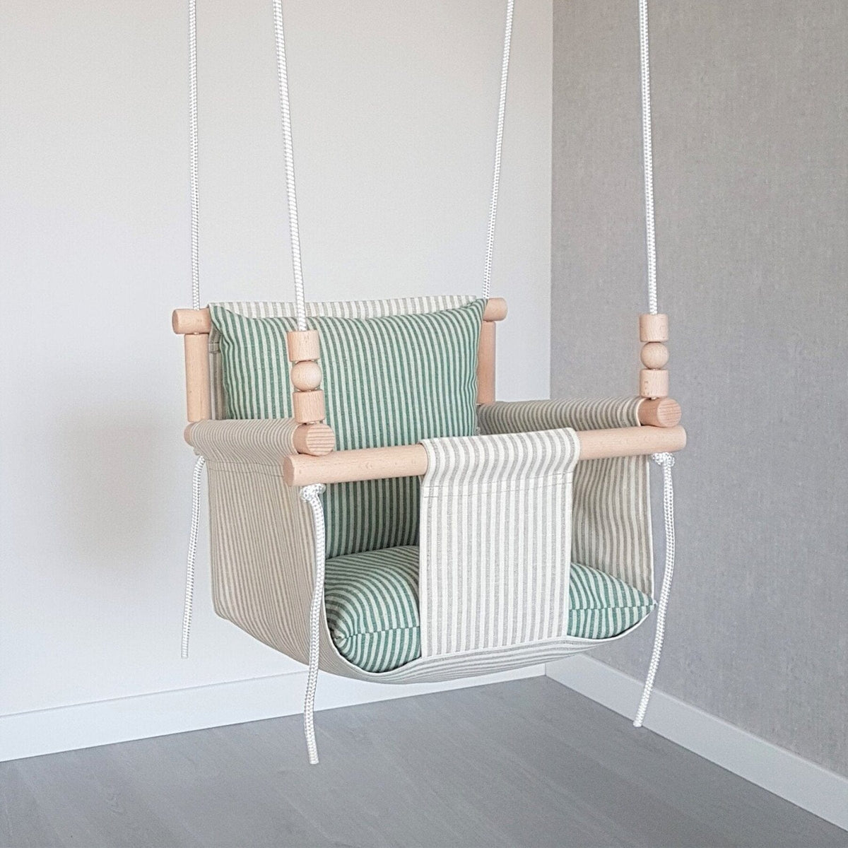 Schaukel Babyschaukel mit hoher Rückenlehne Leinen Beige-Gestreift