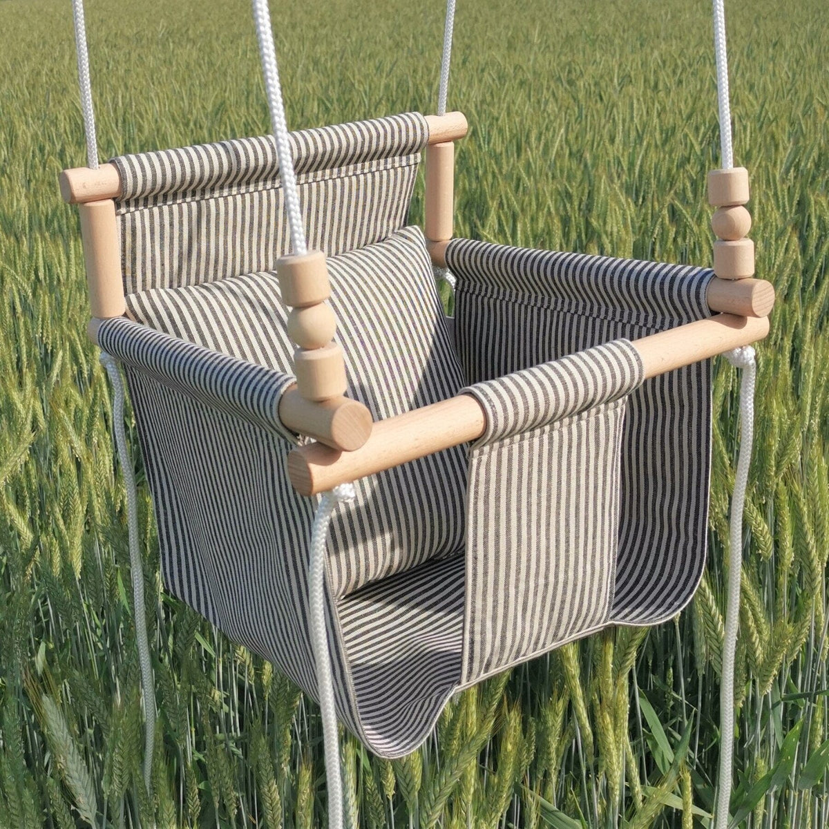 Schaukel Babyschaukel mit hoher Rückenlehne Leinen Beige-Schwarz-Gestreift