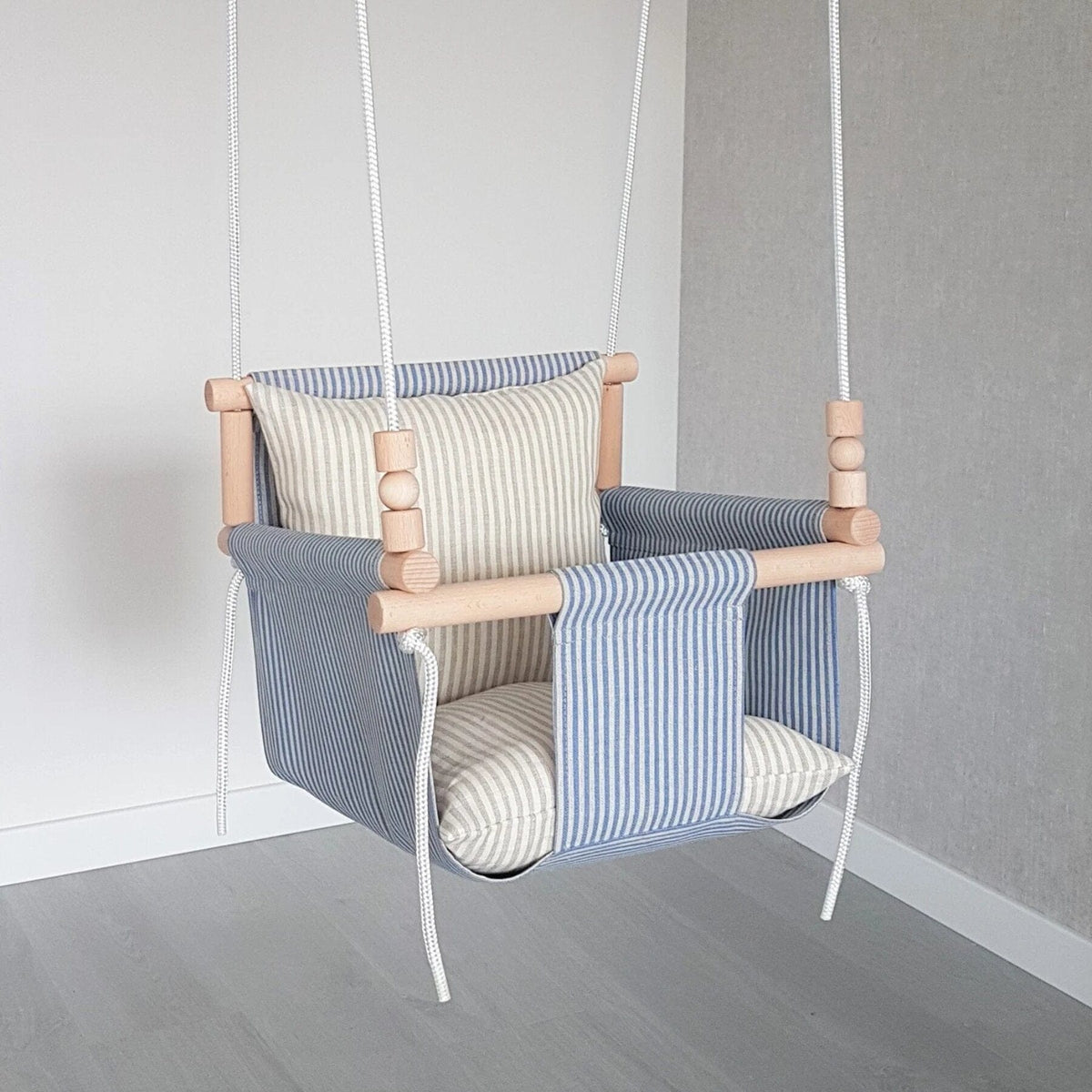 Schaukel Babyschaukel mit hoher Rückenlehne Leinen Blau-Gestreift