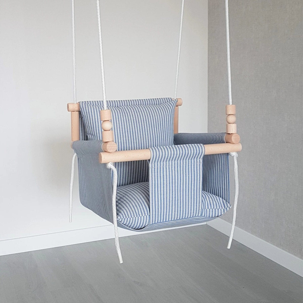 Schaukel Babyschaukel mit hoher Rückenlehne Leinen Blau-Gestreift