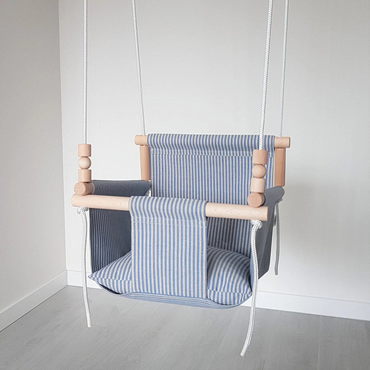Schaukel Babyschaukel mit hoher Rückenlehne Leinen Blau-Gestreift