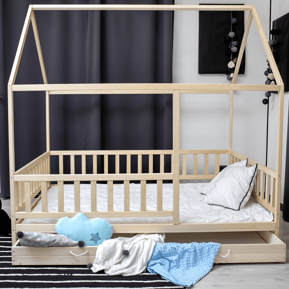 Betten und Klettergerüste Kinderbett Bodenbett Hausbett mit Schubaden