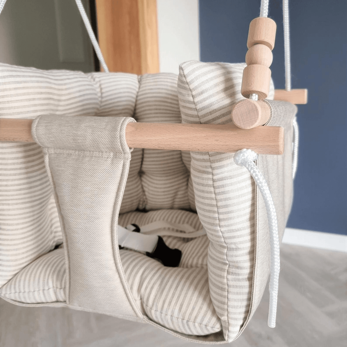 Schaukel Premium Babyschaukel Leinenkissen Beige Gestreift