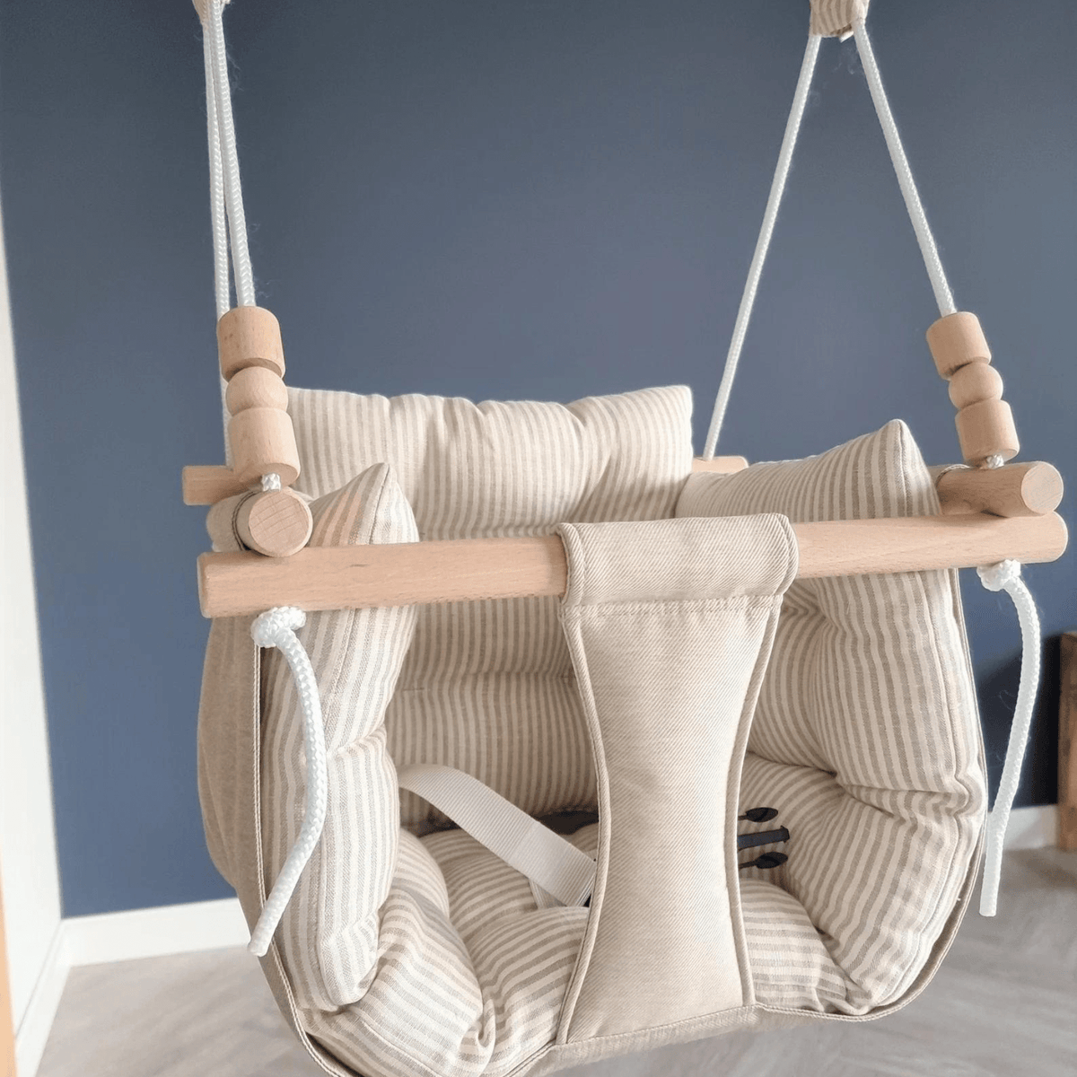 Schaukel Premium Babyschaukel Leinenkissen Beige Gestreift