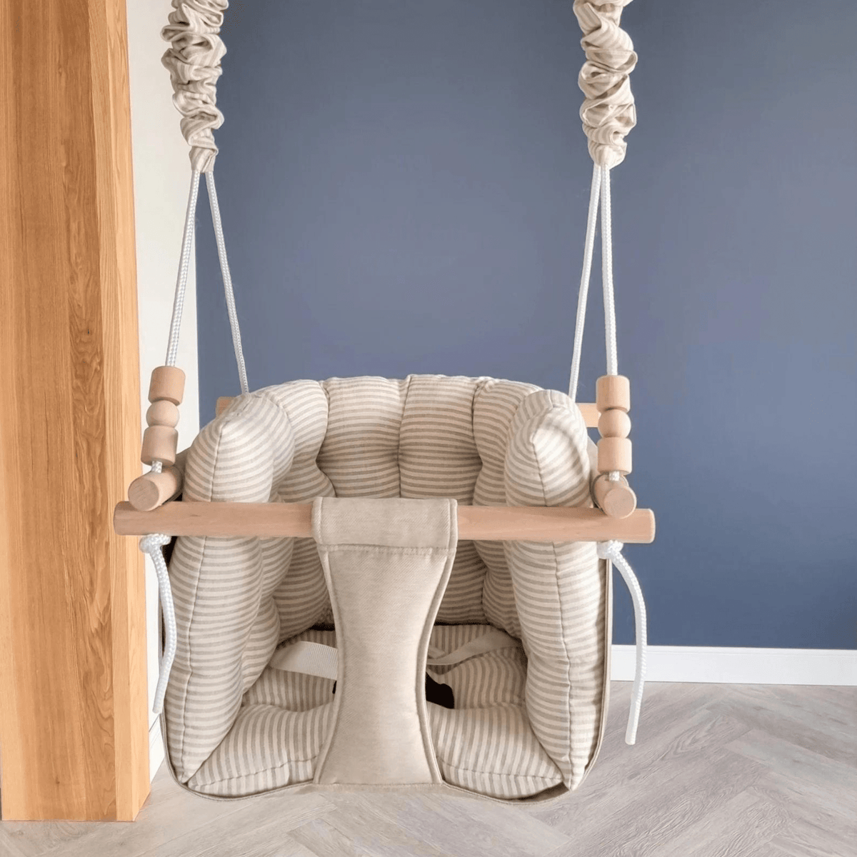 Schaukel Premium Babyschaukel Leinenkissen Beige Gestreift